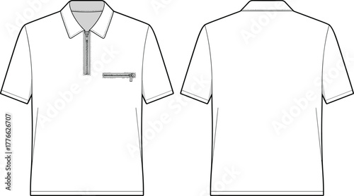 Technical fashion illustration of polo shirt, front and back view with collar, zipper placket, chest pocket, short sleeves, garment construction vector design