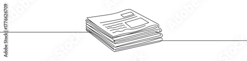 Stack of newspapers in a continuous line art drawing, representing news, media, and information.