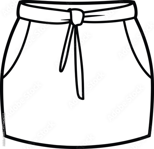 Technical fashion illustration of women’s skirt, front view with waistband tie knot, side pockets, minimalistic clean design, garment construction vector sketch