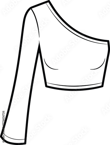 Technical fashion illustration of one‑shoulder crop top, long sleeve asymmetrical design with curved neckline, bust shaping lines, sleeveless detail, vector garment sketch