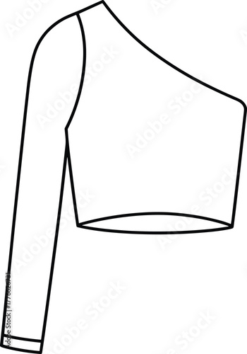 Technical fashion illustration of one‑shoulder long sleeve top, asymmetrical neckline with single sleeve design, modern womenswear garment sketch, vector clothing design