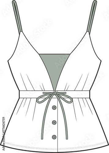 Technical fashion illustration of women’s sleeveless top, V‑neckline with contrast panel, drawstring waist, button‑down front, fitted bodice, vector garment sketch