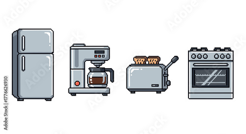 Pixel art kitchen appliances fridge, coffee maker, toaster, oven in retro style
