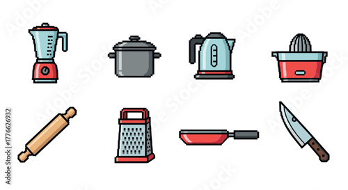Pixel art kitchen essentials blender, pot, kettle, juicer, rolling pin, grater, pan, knife