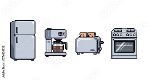 Retro pixel art kitchen appliances refrigerator, coffee maker, toaster, and oven