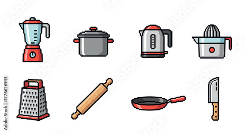 Pixel style kitchen utensils set featuring blender, pot, and knife icons