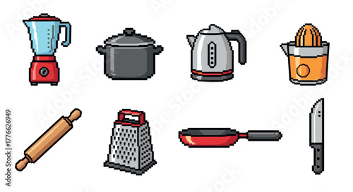 Pixel art kitchenware icons blender, pot, kettle, juicer, rolling pin