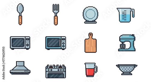 Pixel art kitchen icons set featuring utensils and appliances for modern culinary design