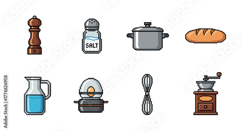 Pixel art cooking tools kitchen essentials in retro style