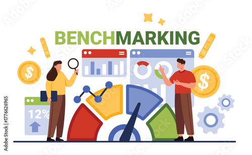 Benchmarking analysis. Tiny people compare business indicators of product, data performance report and metrics to bests, practice strategic planning for quality growth cartoon vector illustration