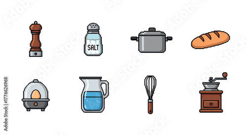 Pixel art kitchen icons culinary tools and ingredients set in retro style