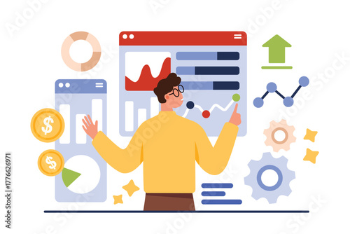 Benchmarking, data reports evaluation. Financial analysis of statistics graphs and metrics information by tiny businessman, compare quality, research technical indicators cartoon vector illustration