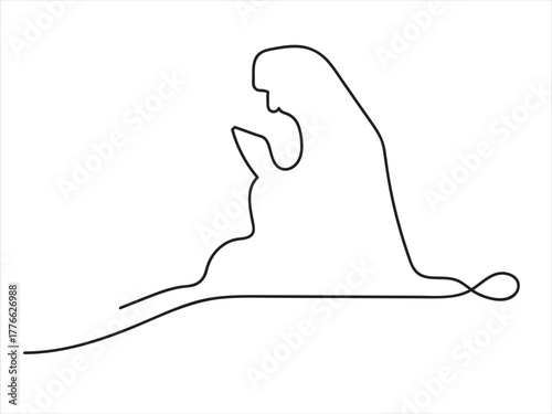 Continuous Line Drawing Woman Praying - Muslim Prayer Icon Vector