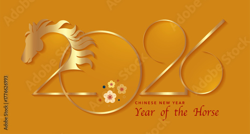 2026 Chinese New Year in yellow background. Year of the Horse. Vector modern art gold numbers design for cover, card, poster, banner, logo zodiac sign. Golden luxury template