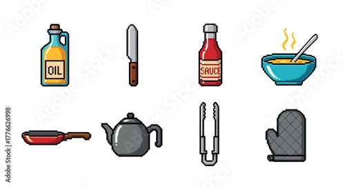 Pixel art cooking essentials kitchen tools and ingredients collection