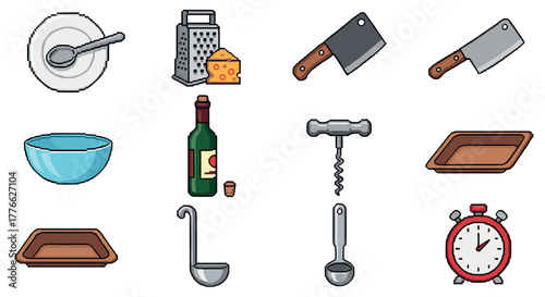 Pixel art kitchen tools and utensils collection featuring cutlery and cookware
