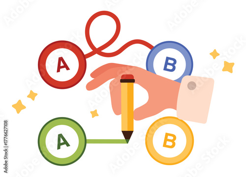 Shortcut from point A to B. Businessman solving hard complicated problem in simple way, hand drawing straight line with pencil to choose easiest success shortest route cartoon vector illustration