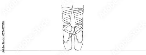 A continuous line drawing of a ballerina's feet en pointe in ballet shoes, conveying grace and elegance on a simple white background.