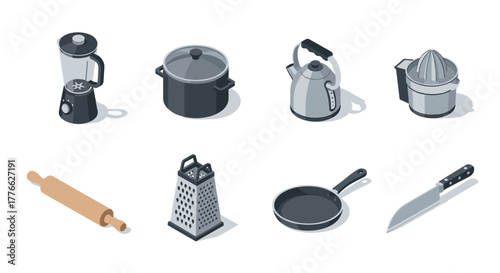 Modern kitchen essentials in isometric style