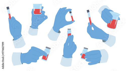 Hand of doctor in medical glove holding blood test tube set. Laboratory examination of blood sample for allergy, malaria or hepatitis, genetic analysis in glass vials cartoon vector illustration