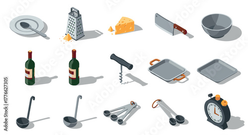 Isometric kitchen tools and utensils collection for cooking and dining
