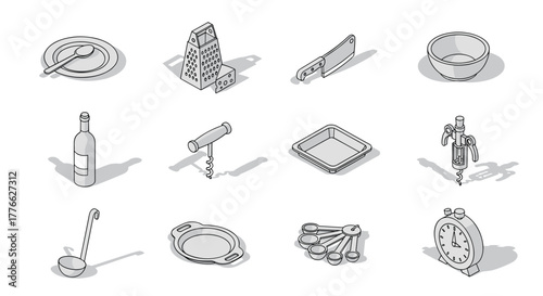 Isometric kitchen tools collection vintage style grater, corkscrew, knife, and utensils set