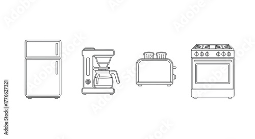Minimalist kitchen appliance icons fridge, coffee maker, toaster, stove