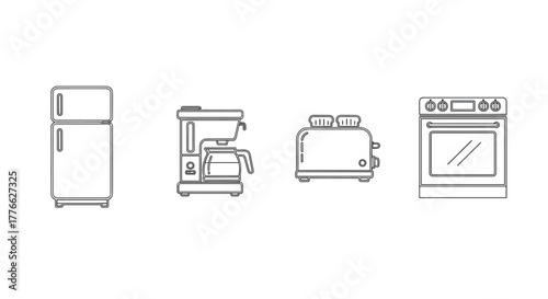 Minimalist kitchen appliance line art set featuring fridge, coffee maker, toaster, and oven