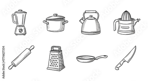 Hand drawn kitchen utensils collection with blender, kettle, and more