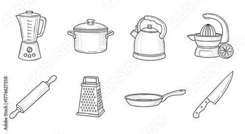 Hand drawn kitchen utensils collection featuring blender, pot, kettle, juicer, grater, knife, and more