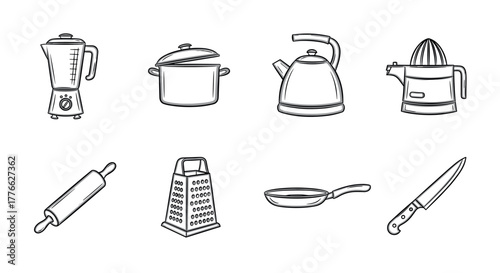Handdrawn kitchen tools set blender, pot, kettle, juicer, and utensils