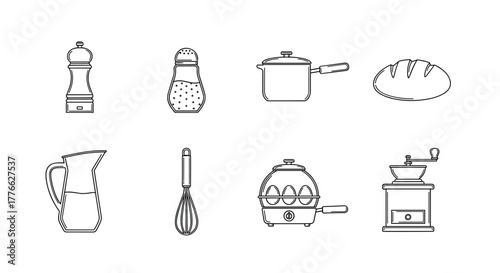 Outline icons of kitchenware and cooking tools for modern kitchens