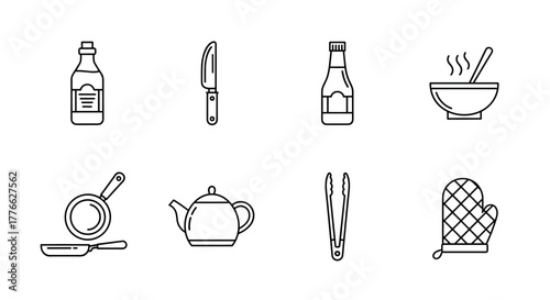 Essential kitchen utensils and cooking items in minimalist linear style