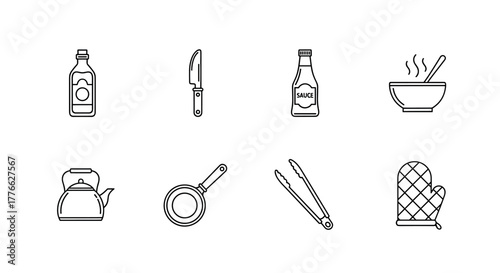 Kitchen essentials outline set knife, sauce, pan, and more line icons