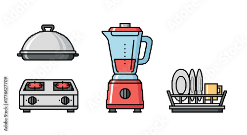 Colorful kitchen appliances set with modern pixel art style