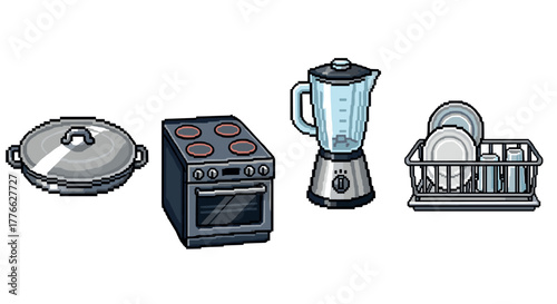 Pixel art kitchen essentials blender, stove, cookware, and dish rack