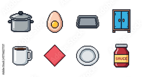 Pixel art kitchen essentials eggs, cookware, and condiments in a retro style