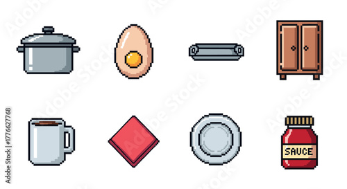 Retro kitchen icons pixel art set featuring egg, pot, cupboard, and more