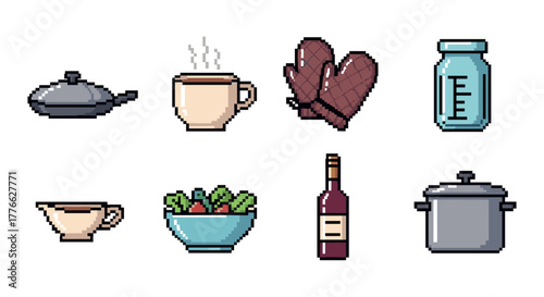 Retro pixel art kitchen icons set featuring utensils and crockery