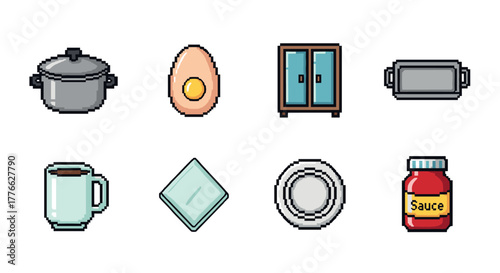 Pixel art kitchen icons retro cooking and food elements in vintage style