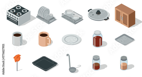 Isometric kitchen essentials collection cookware, dishes, and utensils set