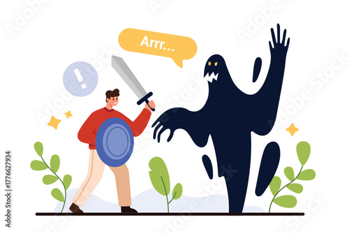 SWOT analysis, identification of threats and risks for business planning of company strategy. Tiny man with shield and sword fighting against scary shadow monster cartoon vector illustration