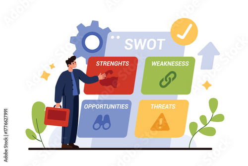 SWOT analysis for business strategy planning in matrix presentation. Tiny businessman with four categories, stylized symbols of strength threat weakness opportunity cartoon vector illustration