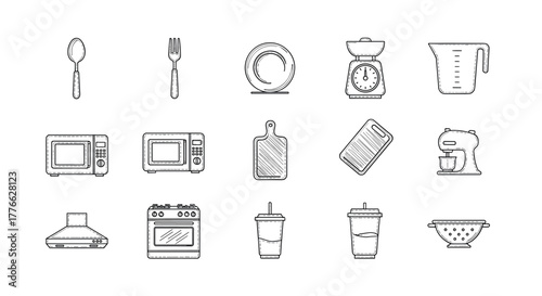 Hand drawn kitchen utensils icons set in linear style for modern culinary design