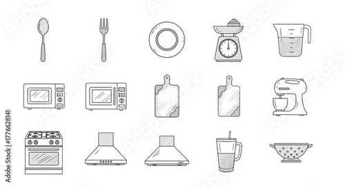 Hand drawn kitchen utensils and appliances in linear style