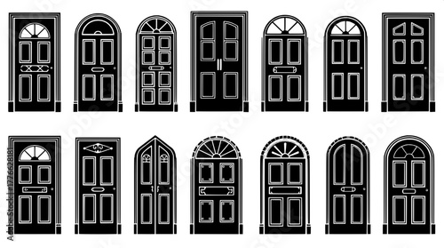 “Minimalist architectural vector artwork displaying fifteen unique black door designs outlined in white. Presented in a precise grid format, the collection highlights form, symmetry, and decorative di