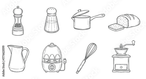Hand drawn kitchen utensils collection vintage style cookware and tools
