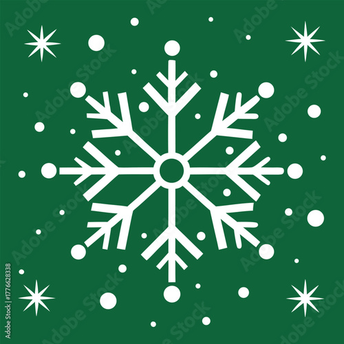 Minimalist White Snowflake Illustration on Dark Green Background for Winter and Christmas Design