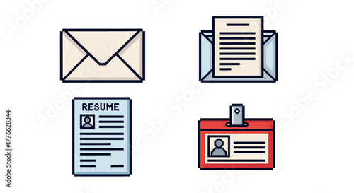 Professional office icons set featuring envelope, resume, id card in flat style