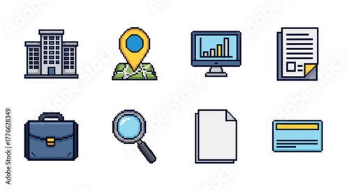 Pixel art icons business, location, and office essentials